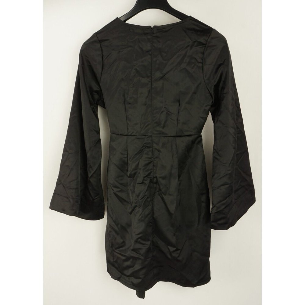 New Ever After Women's S‎ Long Sleeve Black Satin Faux Wrap Tie Waist Mini Dress - Picture 2 of 7